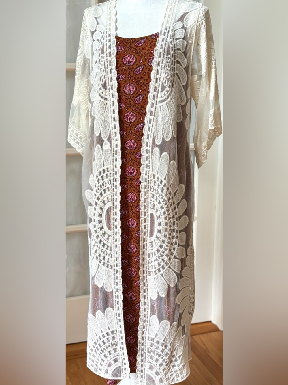 Boho Lace Kimono Duster Sheer Embroidered Festival Cover Up Large